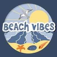 Beach vibes. Hand drawn illustration with sun, sea waves,seagull, starfish and seashell vector