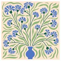 Floral retro poster with cornflowers. Trendy hand drawn flowers infantile style. Seventies, groovy background. Matisse curves aesthetic vector