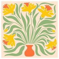 floral retro póster con narcisos.de moda mano dibujado flores infantil estilo. setenta, maravilloso fondo.matisse curvas estético. vector