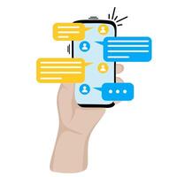 Human hand holding smartphone with chatting on screen. Chatting with friends and sending new messages vector