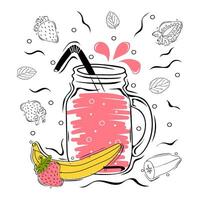 Strawberry smoothie with illustration of ingredients. Healthy food poster vector