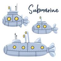 Set of hand drawn submarines with periscope. Underwater boats vector