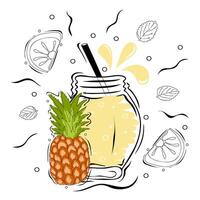 Pineapple smoothie with illustration of ingredients. vector