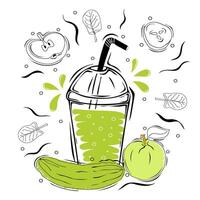 Green smoothie with illustration of ingredients. Healthy food poster. vector