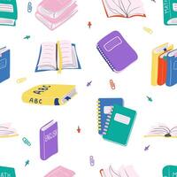 Seamless pattern with different boots and notebooks. Back to school concept vector