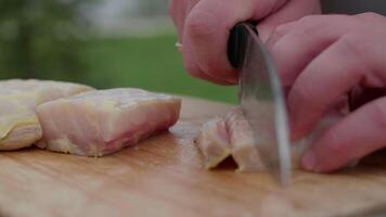 il cucinare tagli un' fresco storione in pezzi per cena. video