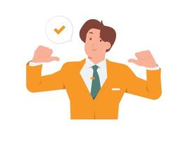 Confident businessman pointing himself with both hands, expressing positive sense of self assurance, high self esteem concept illustration vector