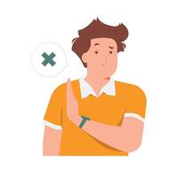 Annoyed man says no makes stop gesture, deny disagree not interested rejection expression concept illustration vector