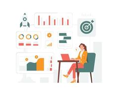 Statistical analysis business finance. Businesswoman sitting next chart to analyzing growth, Site stats, Data inform, Statistics, monitoring financial reports and investments concept illustration vector