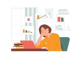 Frustrated, tired businesswoman after work, touching her head feeling absolutely stress and exhausted because of overwork, deadline, tiredness concept illustration vector