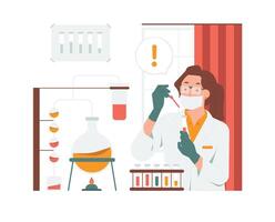 Female scientist in lab coat making tests at flask and microscope, science physics chemistry laboratory professional expertise scientific research concept illustration vector