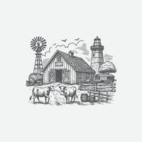Drawing of a Barn and Cow illustration vector
