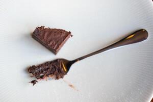 White dirty plate with chocolate cake crumbs and fork after eating photo