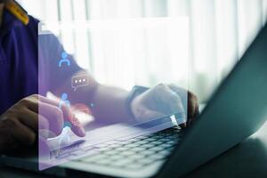 Chatbot conversation. Person using online customer service with chat bot to get support. photo