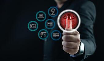 Fingerprint biometric digital scan technology. Graphic interface showing man finger with print scanning identification. photo