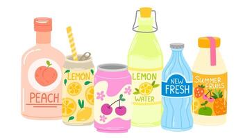 Drinks in glass bottles, aluminum cans. Soda, lemonades, fruit flavored beverages, carbonated sparkling water, cold summer refreshments. Flat illustration isolated on white background vector