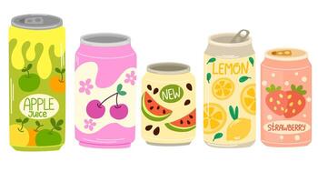 Drinks in aluminum cans. Soda, lemonades, fruit flavored beverages, carbonated sparkling water, cold summer refreshments. Flat illustration isolated on white background vector