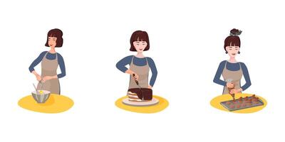 Set of baker characters. A woman bakes a cake. A woman is preparing cupcakes. A woman beats eggs for dough. Bakery, cooking, pastry shop, flour products, sweets, desserts. Hand drawn illustration vector