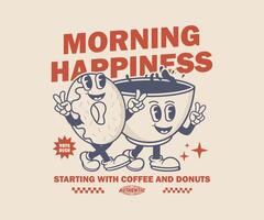 retro style funny cartoon donut and coffee cup. groovy vintage 70s. can be used as t shirt, sticker, poster, print design and other uses. illustration design vector
