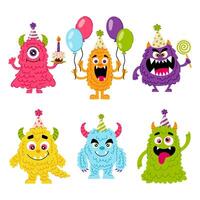 conjunto de diferente linda monstruos en plano estilo. cumpleaños, día festivo, felicitaciones bebé dibujos animados personaje. decoración para un niños fiesta o fiesta. vector