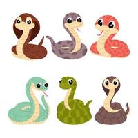 conjunto serpientes en plano estilo. dibujos animados serpientes en un blanco antecedentes. niños ilustración de animales símbolo de 2025, nuevo año. vector