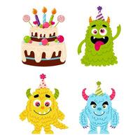 Set of funny monsters in flat style. Birthday, holiday, congratulation. Kids cartoon character. Decor for a baby party or party. vector