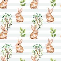 Seamless pattern with watercolor bunny and trees. Cute rabbit. Animal wildlife backgrounds. vector