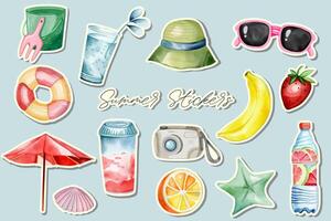 Hand drawn stickers summertime clipart. Watercolor set of summer stickers. Summer stuff set. vector
