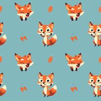 Seamless pattern with funny fox and leaves. Cartoon fox background. Autumnal pattern vector
