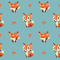 Seamless pattern with funny fox and leaves. Cartoon fox background. Autumnal pattern vector