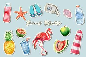 Watercolor set of summertime stickers. Summer clipart. Tropical stickers set. vector