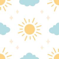 Minimalist abstract seamless pattern with clouds, sun and stars. Seamless pattern for wallpaper, textile, fabric, wrapping paper vector