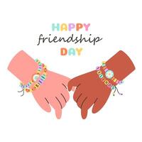 Happy Friendship Day greeting card. Kids holding by hands and wearing handmade friendship bracelets with plastic beads vector