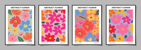 Set of abstract groovy floral posters. Trendy botanical wall art with flower design print in vibrant colors. Modern naive for interior decor, cover, card, template, banner, wallpaper and background. vector