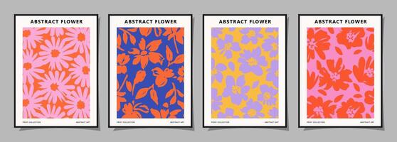 Set of abstract groovy floral posters. Trendy botanical wall art with flower design print in vibrant colors. Modern naive for interior decor, cover, card, template, banner, wallpaper and background. vector