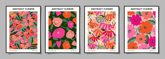 Set of abstract groovy floral posters. Trendy botanical wall art with flower design print in vibrant colors. Modern naive for interior decor, cover, card, template, banner, wallpaper and background. vector