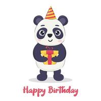 Birthday greeting card, invitation template with cute panda bear character holding present. Element for kids print vector