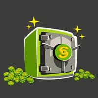 Safe for money, green coins and yellow stars. Cartoon safe for money. Money flat green icon. icon for business. Money and payment icon. vector