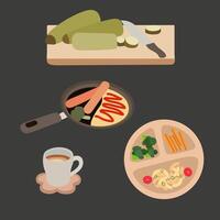 plano ilustración de cocido alimento, calabacín, frito huevos con brócoli y salsa, taza de café, de madera plato con equilibrado nutrición vector