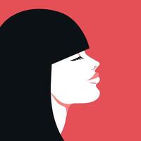 Portrait of a beautiful brunette woman with bangs. Female profile on red background. illustration vector