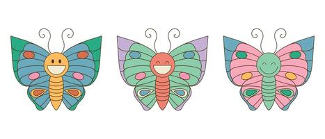 Smiling groovy cute butterfly characters set. Hippie retro style. Insect icons. illustration vector