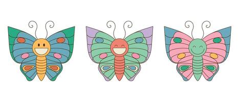 sonriente maravilloso linda mariposa caracteres colocar. hippie retro estilo. insecto iconos ilustración vector