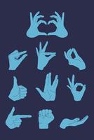 Set of hands gestures on a blue background. Making heart, OK sign, thumb up, measuring gesture, cupped hand, fist. illustration vector