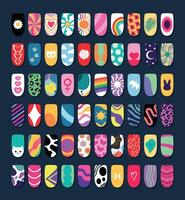 Collection of different nail design art. Colorful creative manicure design. Various prints, patterns and drawings. illustration vector