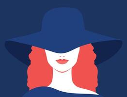 Portrait of a redhead woman in a hat. Abstract elegant woman with hat covering her eyes. Faceless portrait. illustration vector