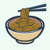Noodles in a white bowl with chopsticks on top vector