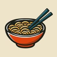 Noodles in a red bowl with chopsticks on top vector