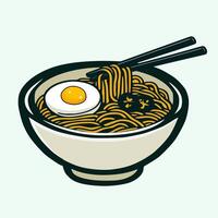 Noodles in a white bowl with an egg on top and chopsticks vector