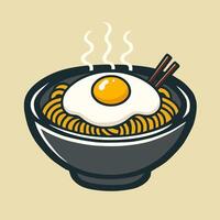Noodles in a black bowl with an egg on top vector
