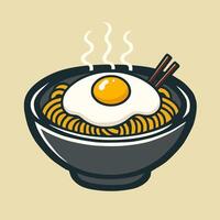 Noodles in a black bowl with an egg on top vector